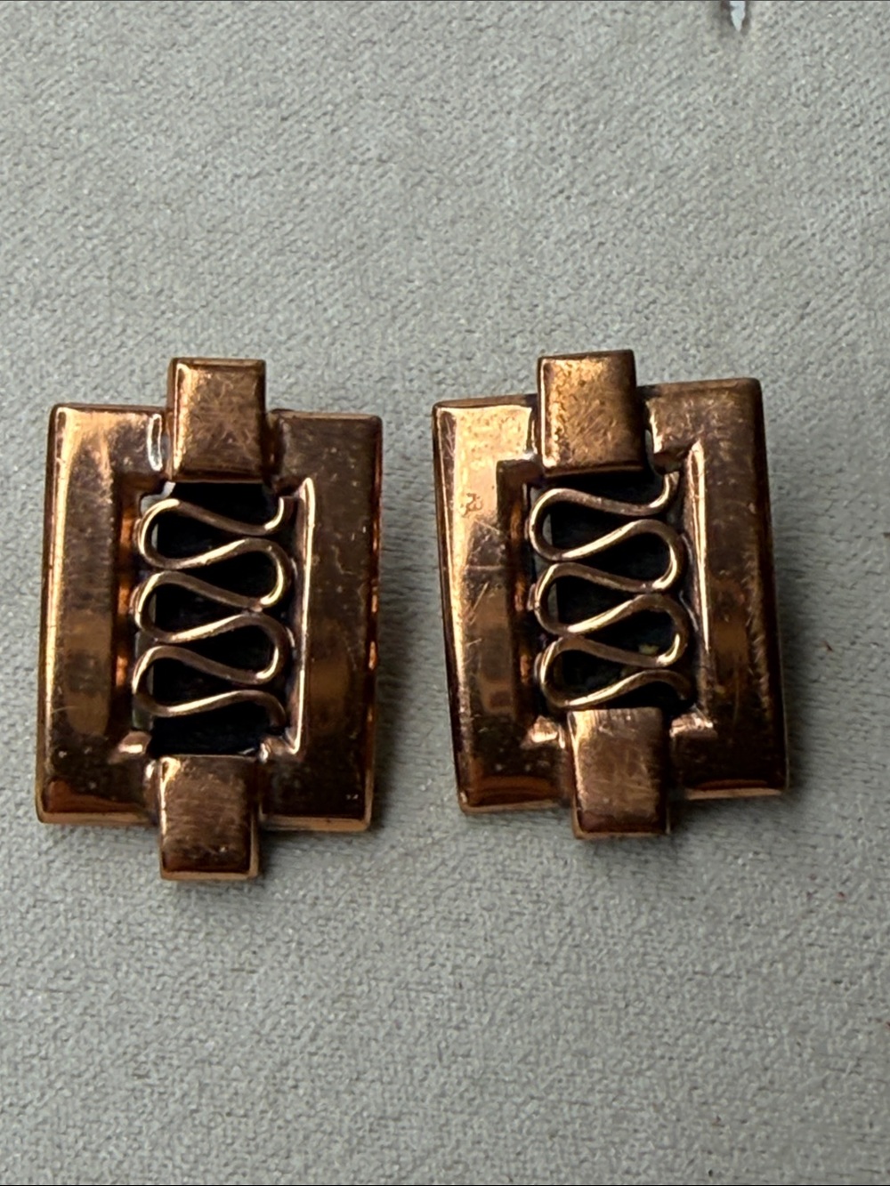 Vintage Renoir Copper Tone Clip-On Earrings -Rectangular squiggle geometric MCM